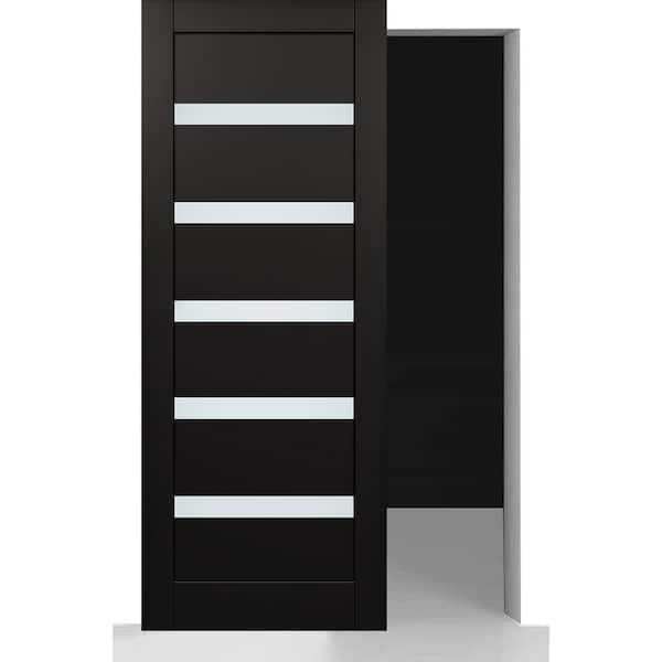 Belldinni Leora 24 in. x 80 in. 5 Lite Frosted Glass Black Matte Wood Hidden w/o BaseBoard Sliding Barn Door with Hardware Kit