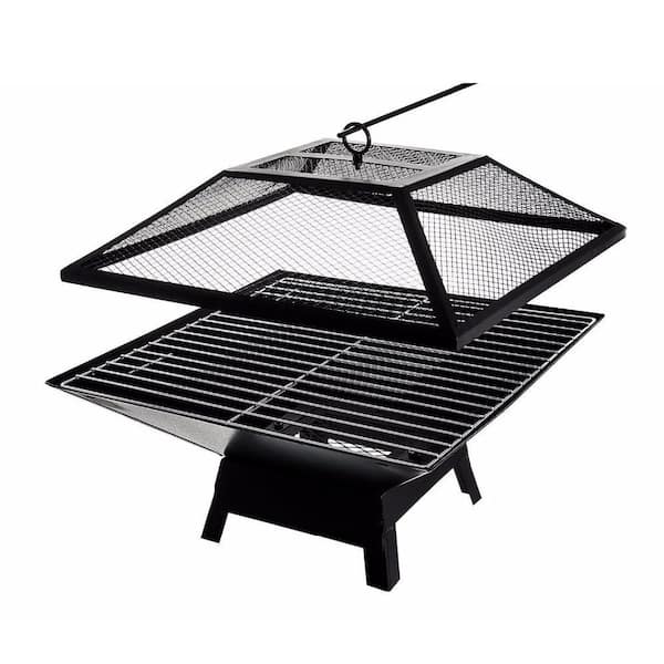 19.20 in. Iron Square Fire Pit with Mesh Lid in Black, Outdoor Portable Barbecue Fire Pit with Pattern and Sturdy frame