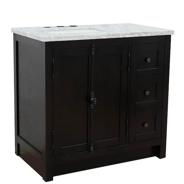 Bellaterra Home 37 in. W x 22 in. D x 36 in. H Bath Vanity in Brown Ash with White Marble Vanity Top and Left Side Rectangular Sink