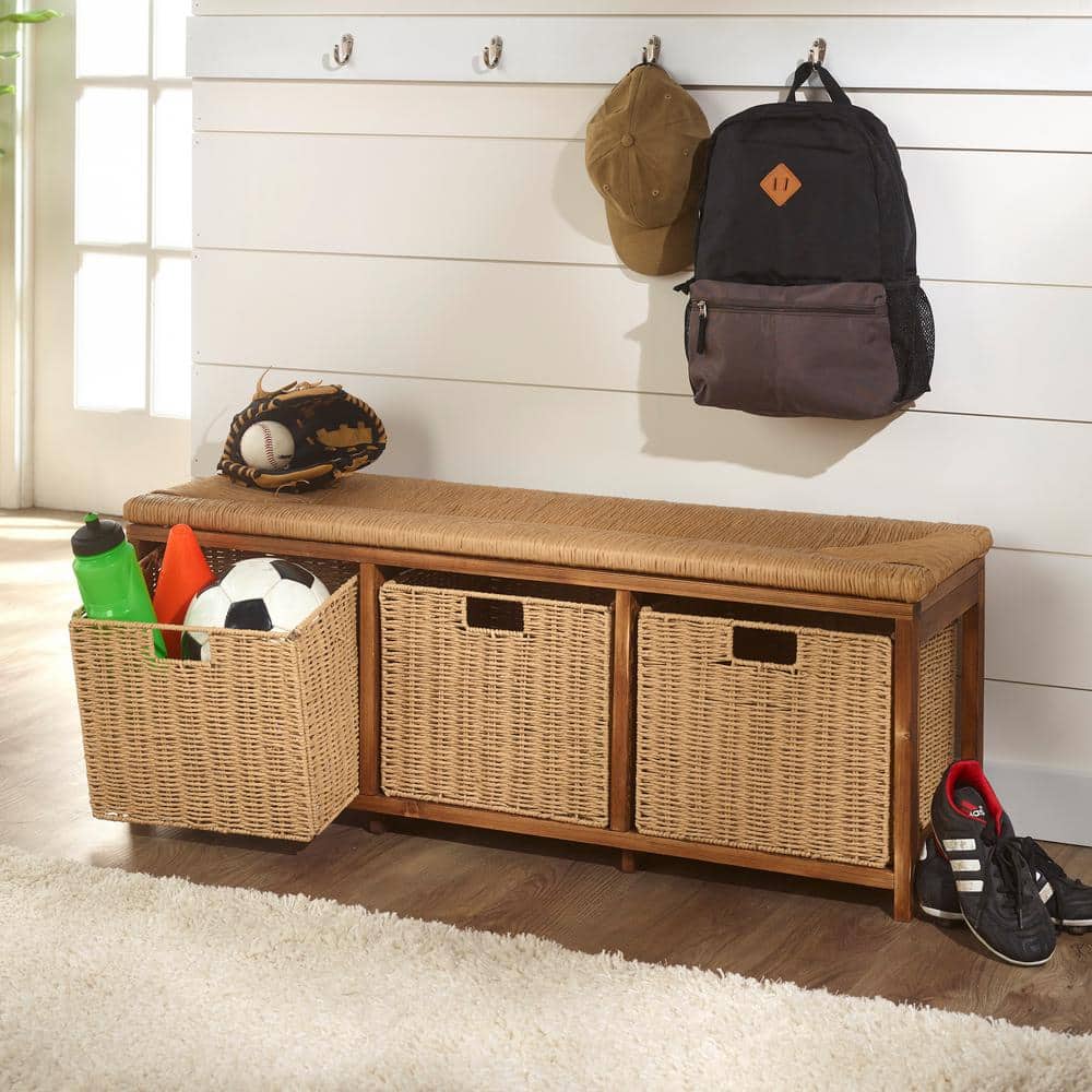 Brown Pine Kid's Storage Bench with Woven Top and Baskets