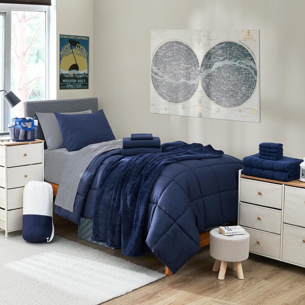 Navy Cotton Twin XL Dorm Bedding Set for Adults