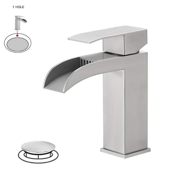 Waterfall Single Hole Single-Handle Low-Arc Bathroom Sink Faucet With Pop-up Drain Assembly In Brushed Nickel