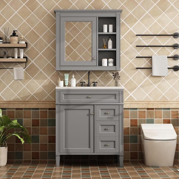 30 in. W Single Sink Freestanding Gray Bath Vanity with White Resin Top and Adjustable Shelves