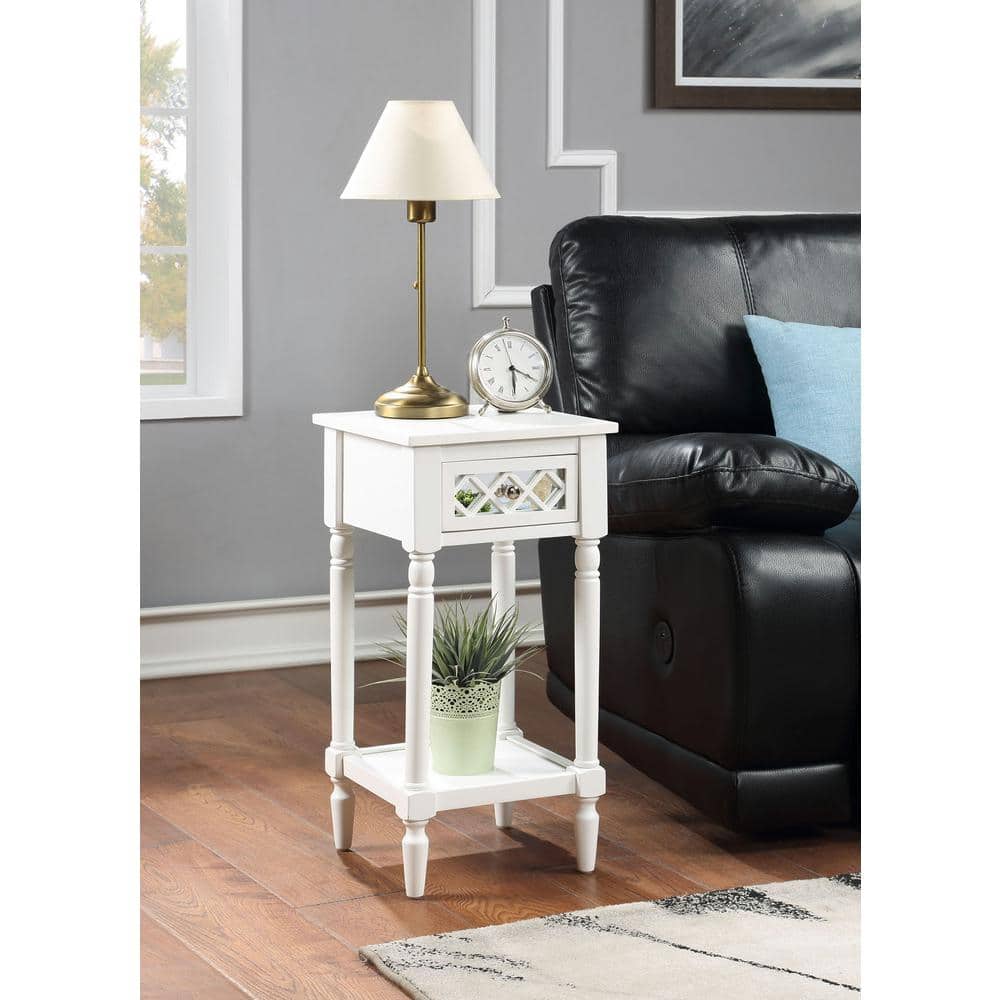 White Pinewood Square Accent Table with Mirrored Drawer