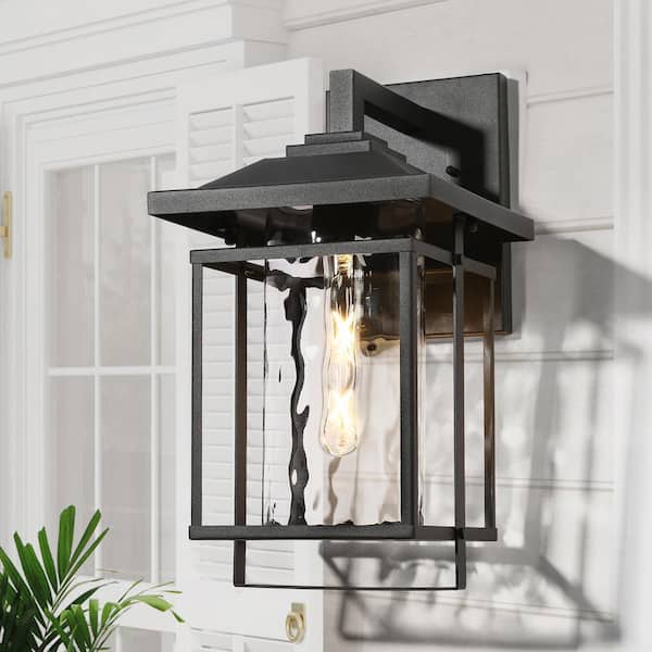 Uolfin Modern Rectangle Outdoor Porch Wall Lantern Sconce 1-Light Matte Black Farmhouse Patio Wall Light with Water Glass Shade