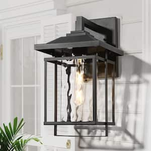 Modern Rectangle Outdoor Porch Wall Lantern Sconce 1-Light Matte Black Farmhouse Patio Wall Light with Water Glass Shade