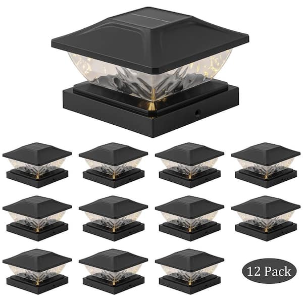 Black Integrated LED Fits 3.5 x 3.5 4 x 4 4.5 x 4.5 5 x 5 Outdoor Solar Deck Post Cap Lights w/ Hammered Lens (12-Pack)