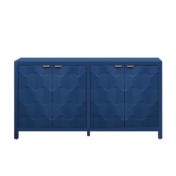 59.6 in. W x 15.7 in. D x 32 in. H Navy Blue Linen Cabinet with Honeycomb Patterned Doors, Offering Ample Storage