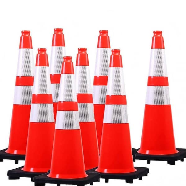 8-Pack 28 in. x 12 in. Orange PVC Traffic Cones Reflective Safety Bollard with Heavy-Duty Base, Stable Wearproof