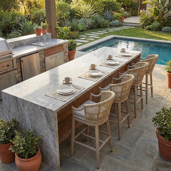 Modern Patio Wicker Metal Outdoor Bar Stool with Cushion, Backs and Ergonomic Armrest Balcony Garden Kitchen (4-Pack)