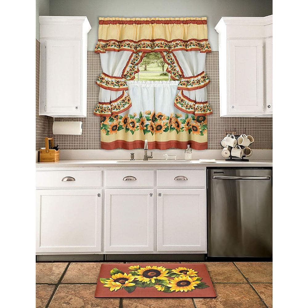 Black and Yellow Floral Polyester Tier Curtains