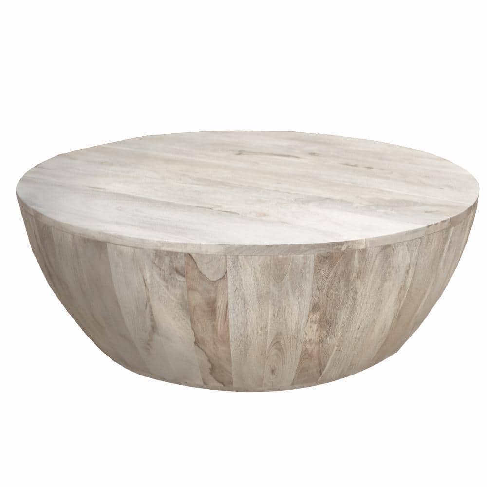 35.5" Round Washed Light Brown Mango Wood Outdoor Coffee Table