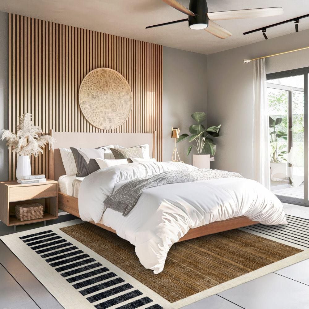 Keeva Modern Striped Fringe Beige and Black Synthetic Area Rug 8' x 10'