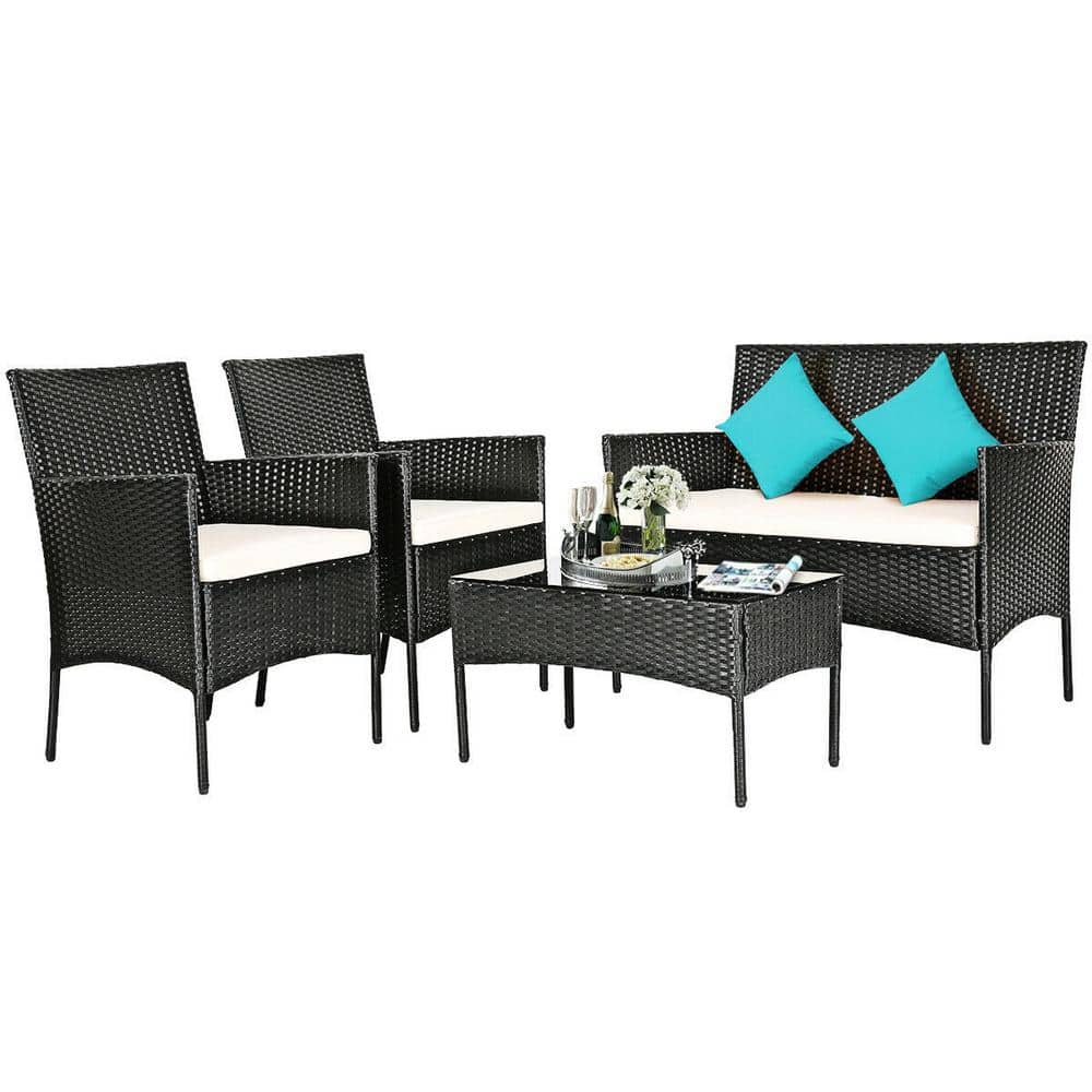 Outdoor 4-Pieces Patio Rattan Conversation Sofa Set with Cushions and Tempe