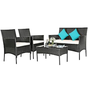 Outdoor 4-Pieces Patio Rattan Conversation Sofa Set with Cushions and Tempered Glass Coffee Table, White