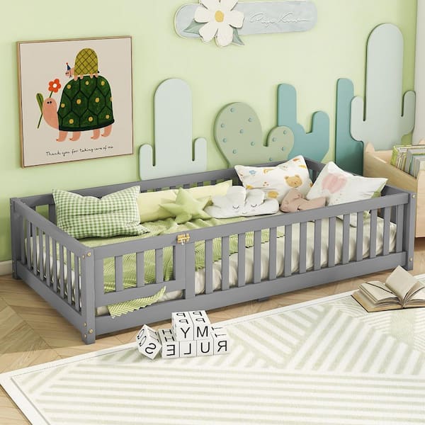Gray Twin Size Wood Floor Bed Frame with Safety Guardrails and Door Low Platform Bed with Bed Slats for Kids