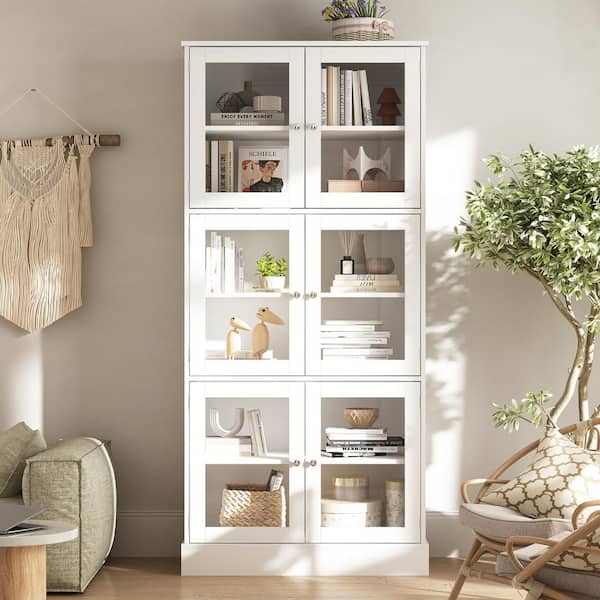 FUFU&GAGA 67.9 in. Tall White Wooden 6 Shelves Accent Bookcase, Storage Cabinet with Visible Tempered Glass Doors