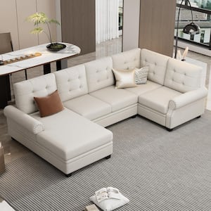 120.1in. Light Beige Square Arm 3-Piece Linen 6 Seat U-Shaped Sectional Sofa with Chaise