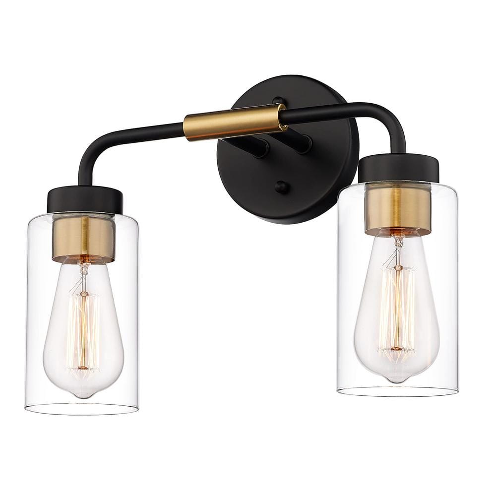 JAZAVA 14 in. 2 Light Black and Gold Vanity Light with Clear Glass ...