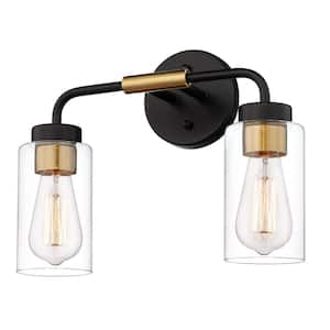 14 in. 2 Light Black and Gold Vanity Light with Clear Glass Shade