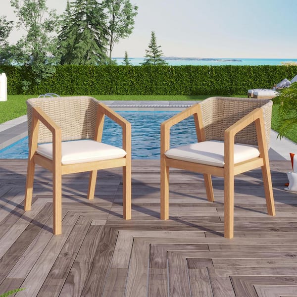 Unbranded Light Brown Wood Outdoor Dining Chair with Beige Cushion (2-Pack)