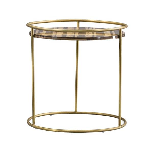 Benjara 23.6 in. Brown and Gold Round Faux Marble End Table with Steel Frame