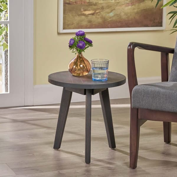 Unbranded Round Acacia Wood Outdoor Side Table, Patio Side Tables, Small End Table for Indoor and Outdoor, Dark Gray
