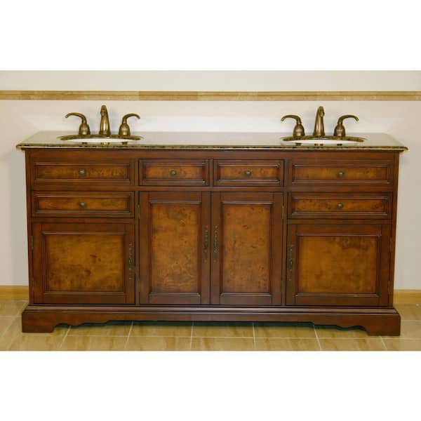 Silkroad Exclusive 72-in Red Chestnut Double Sink Bathroom Vanity with Baltic Brown Granite Top