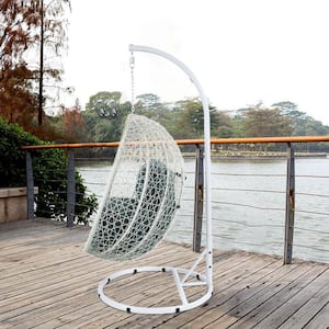 38 in. White Wicker Patio Swing Chair with Cushion in Green