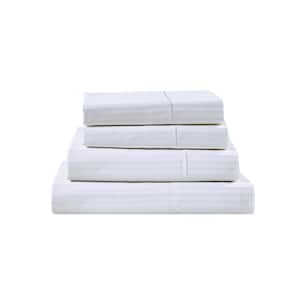 Damask Stripe 4-Piece White Cotton Queen Sheet Set