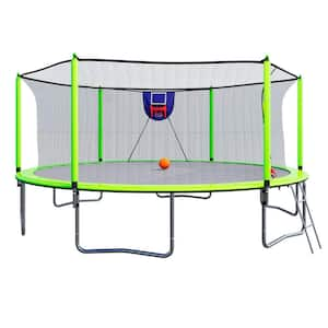 15 ft. Outdoor Round Green Trampoline with Basketball Hoop Inflator and Ladder, 6-Piece Extra Safety Net Pole Sleeves