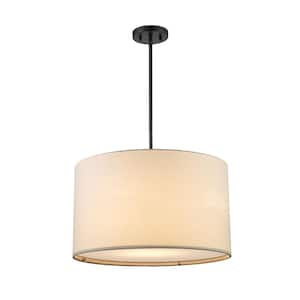 2-Light Black Hanging Pendant Light Fixture with Linen Drum Shade