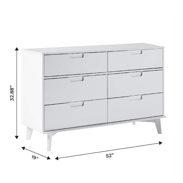 Sloane Mid-Century Modern White 6-Drawer 52 in. Solid Wood Dresser