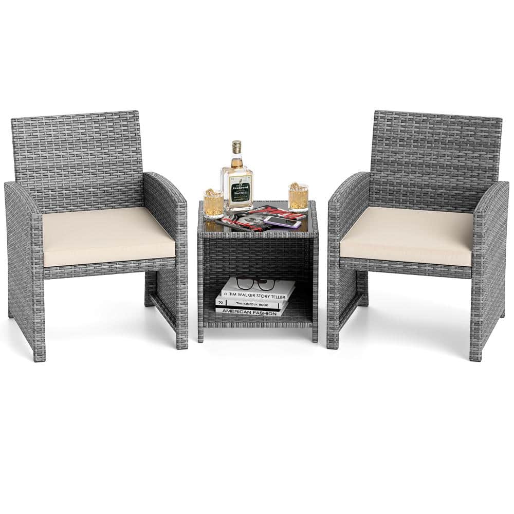 3-Piece PE Rattan Outdoor Patio Conversation Set with Table and Cushions for Patio and Porch, White price history on PriceWatchPro
