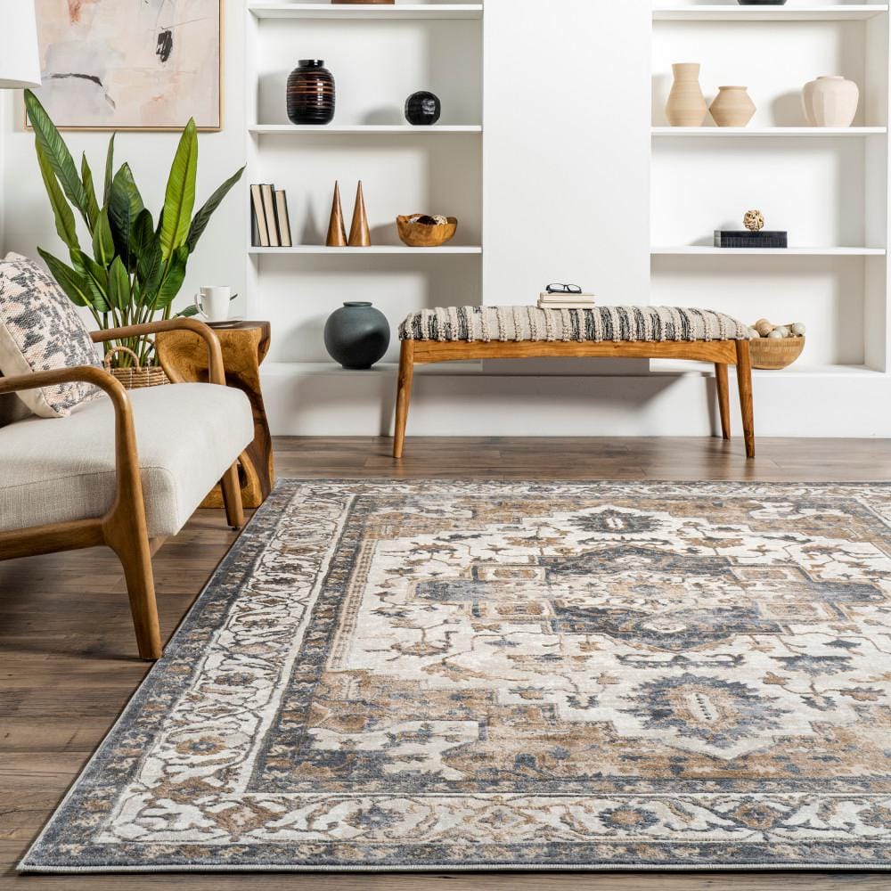 Vintage Medallion Beige and Blue Synthetic Area Rug