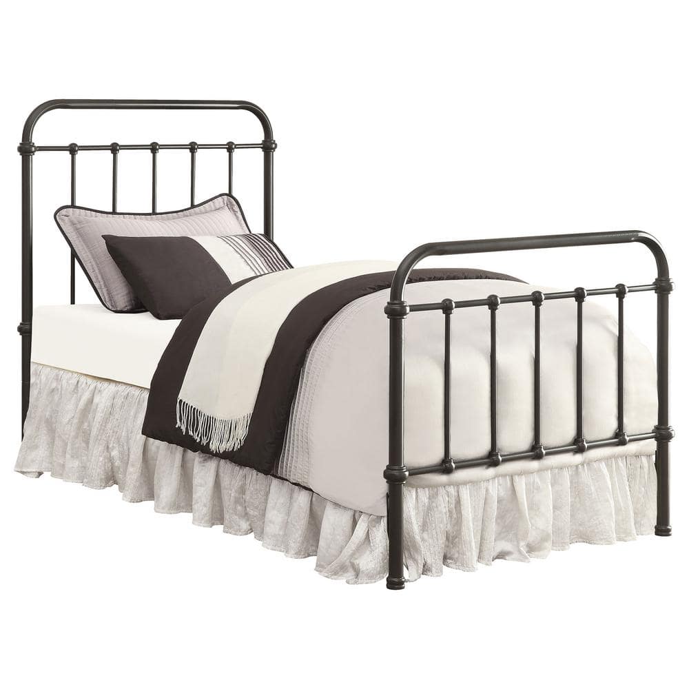 Twin Black Metal Bed with Upholstered Headboard