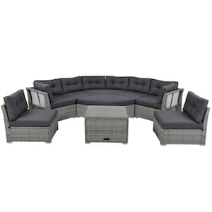 Gray Wicker 9-Piece Outdoor Patio Sectional Sofa with Grey Cushions and Center Table for Patio, Lawn, Backyard, Pool