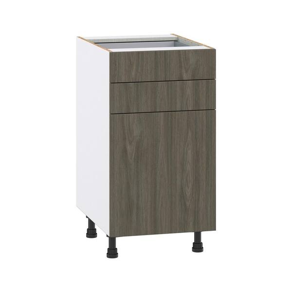 J COLLECTION 18 in. W x 34.5 in. H x 24 in. D Medora Textured Slab Walnut Assembled 2 Waste Bins Pullout and 1-Drawer Kitchen Cabinet
