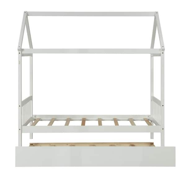 Gray Twin Size Kids House Bed Platform Bed with Roof and Safety Rail, Wood  Kids Canopy Bed Frame with Fence