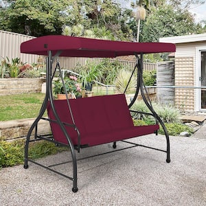 3-Person Wine Red Outdoor Porch Swing Hammock Bench Chair Metal Patio Swing with Canopy