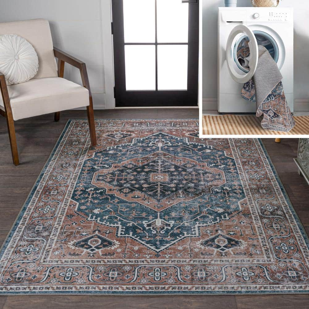 JONATHAN Y Alacati Ogee Medallion Machine-Washable Navy/Brown 8 ft. x 10 ft. Area Rug