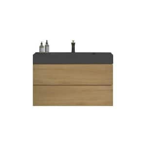 Alice 36.00 in. W x 18.10 in. D x 25.20 in. H Wall Mounting Bath Vanity in Oak Wood with Black Top