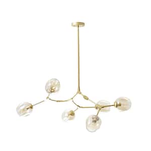 6-Light Amber Modern Linear Chandelier with Gold Adjustable Arms and Glass Shades