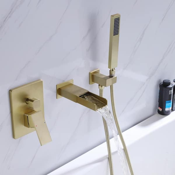 2-Handle Wall Mount Roman Tub Faucet with Hand Shower in Brushed Gold (Valve Included)