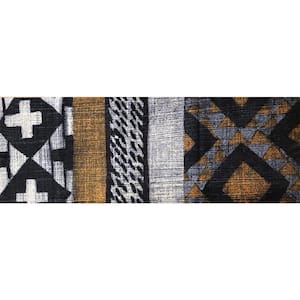 Washable Brown, Grey, Black & White Rectangle Tribal 2 ft. 3 in. x 6 ft. 3 in. Runner Mat. Area Rug.