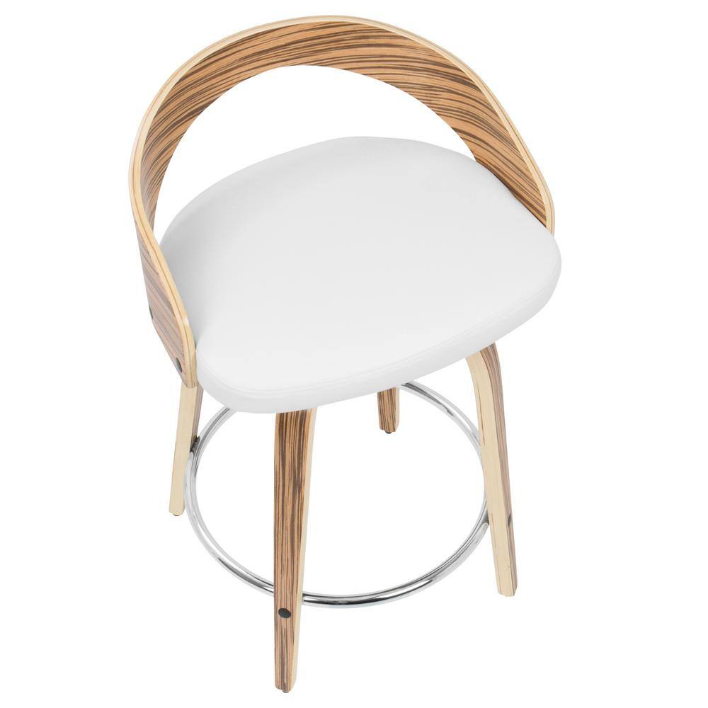 Zebra Wood and White Faux Leather Swivel Counter Stools, Set of 2