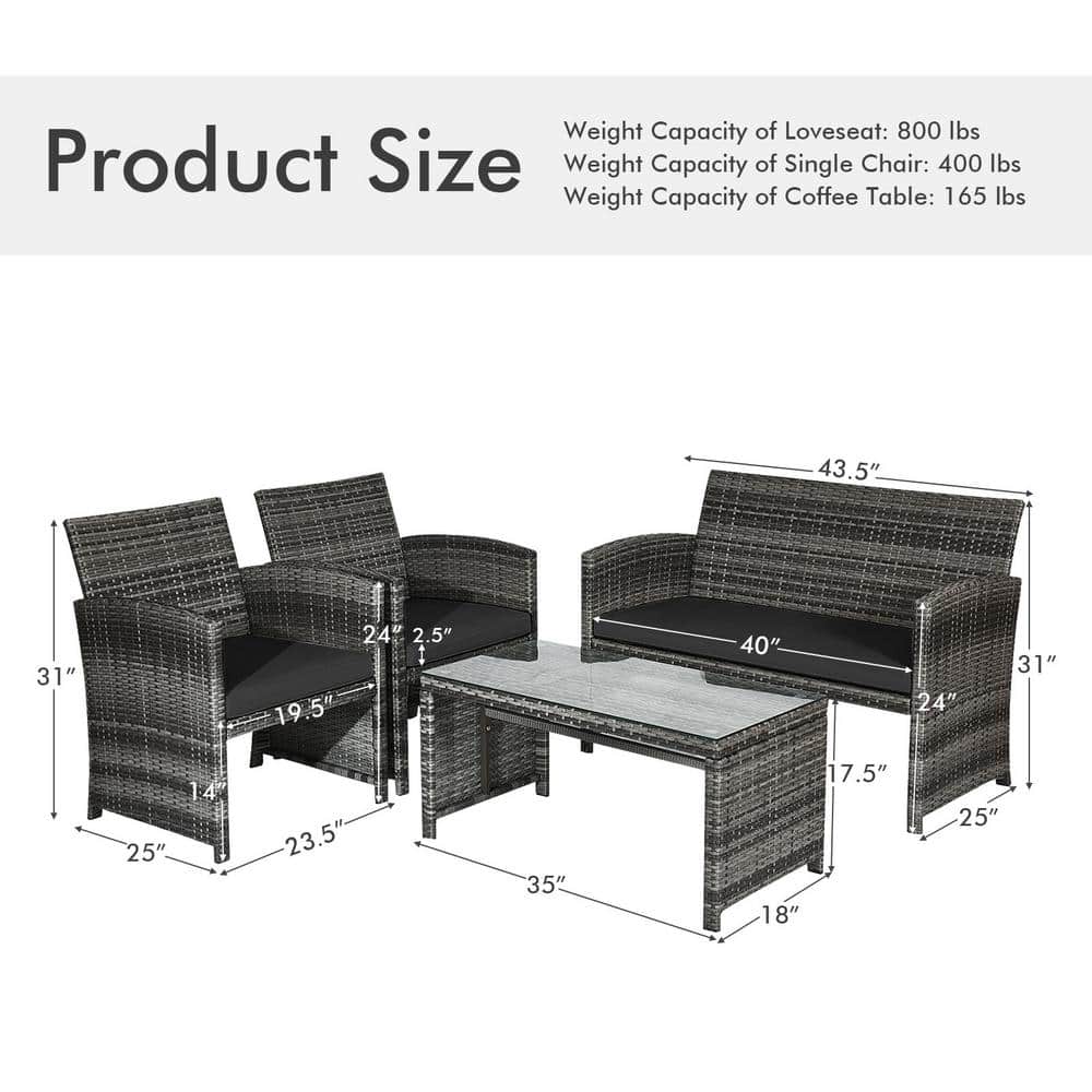 Black 4-Piece Rattan Patio Furniture Set with Glass Table