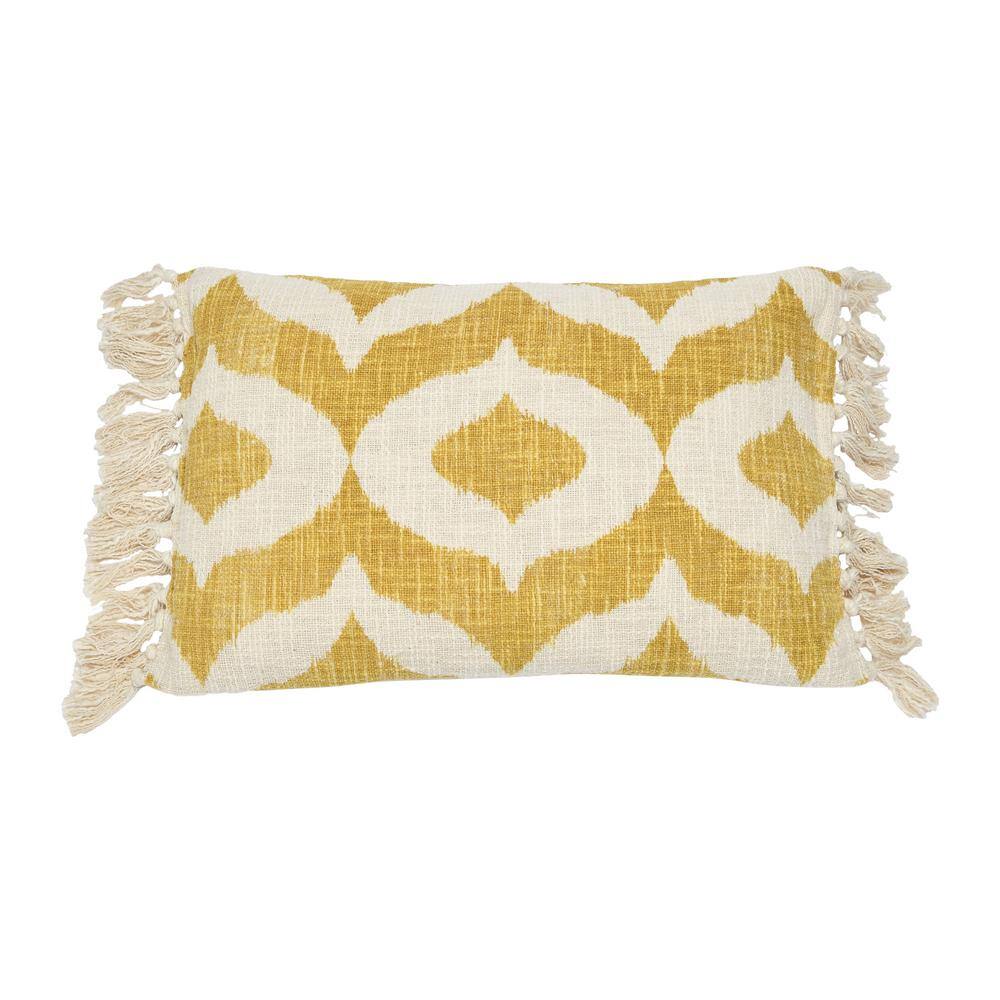 Mustard and Natural Bohemian Cotton Slub Lumbar Pillow with Ikat Tassels