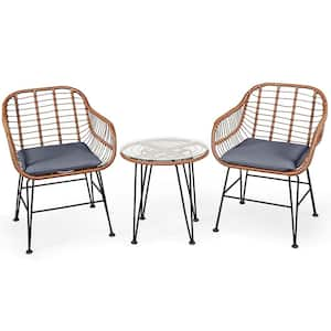 3-Piece Rattan Patio Conversation Set Bistro Chat Set with Gray Cushion