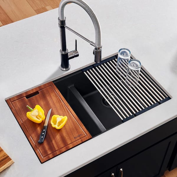 EpiGranite 33 in. Undermount Double Bowl Midnight Black Granite Quartz Composite Kitchen Sink with Accessories